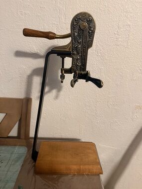 1. State Bronze Grape-Pattern Tabletop Corkscrew with Wood Handle